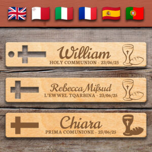 Sacred Cross & Chalice - Holy Communion | Wooden Bookmark – Personalized – Multi-Language