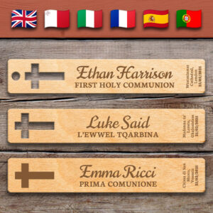 Blessed Cross & Church - Holy Communion | Wooden Bookmark – Personalized – Multi-Language