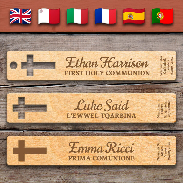 Blessed Cross & Church - Holy Communion | Wooden Bookmark – Personalized – Multi-Language