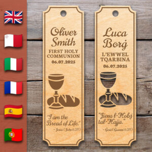 Chalice & Bread of Life - Holy communion | Wooden Bookmark – Personalized – Multi-Language