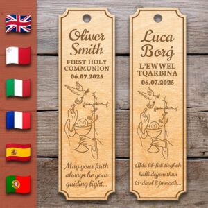 Blessed Chalice & Holy Spirit Vine Cross - Holy Communion | Wooden Bookmark – Personalized – Multi-Language