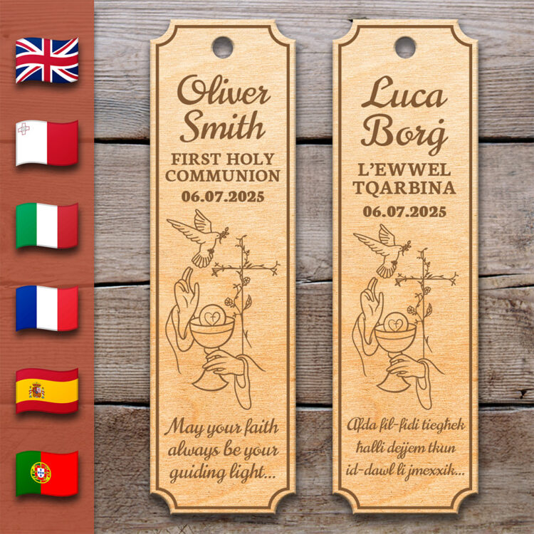 Blessed Chalice & Holy Spirit Vine Cross - Holy Communion | Wooden Bookmark – Personalized – Multi-Language